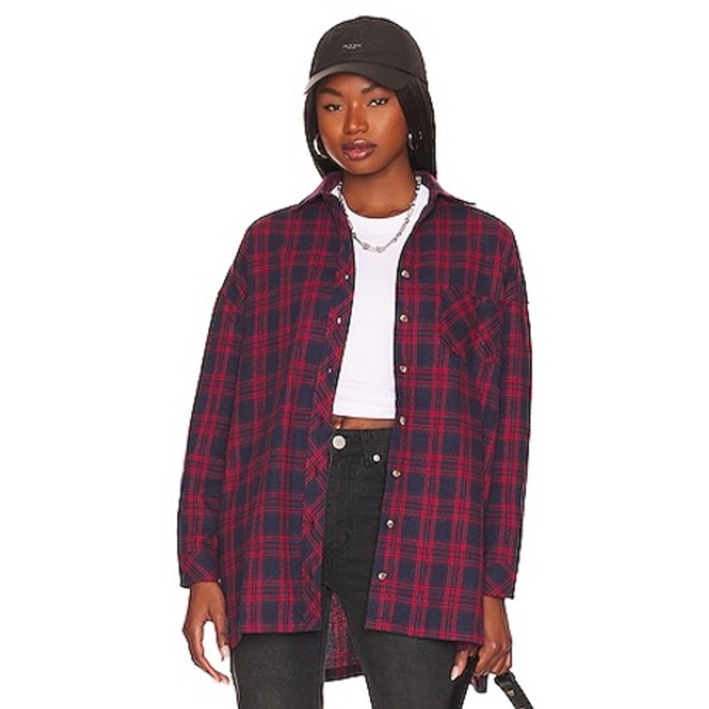 Superdown Red‎ Navy Plaid Oversized Button Up Shirt Women's XS